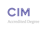 CIM blue logo against grey background with accredited degree copy