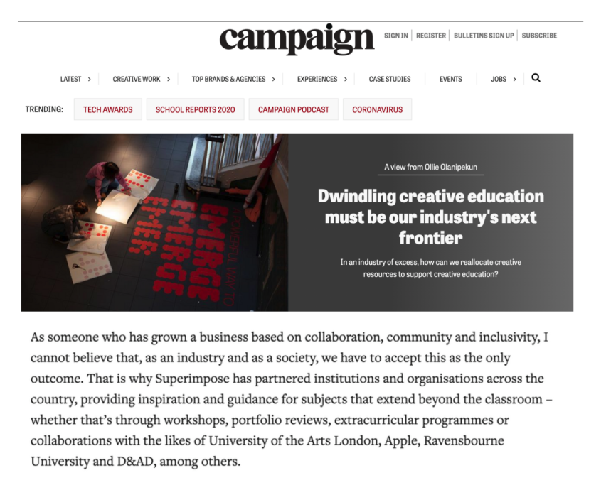 Ravensbourne coverage in Campaign Magazine