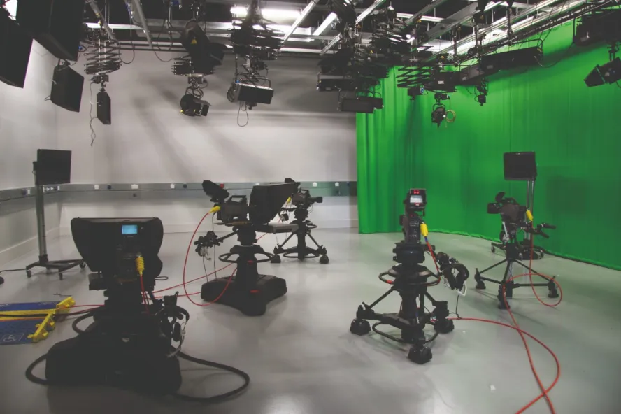 Digital TV Production camera TV studio with lighting rig