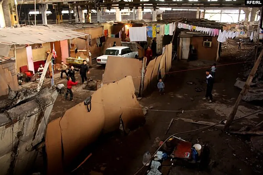 A make-shift camp in an abandoned factory