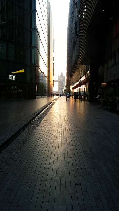 London Bridge through a gap between two buildings