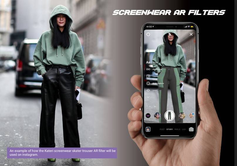 A model poses in real life and then wearing a digital outfit