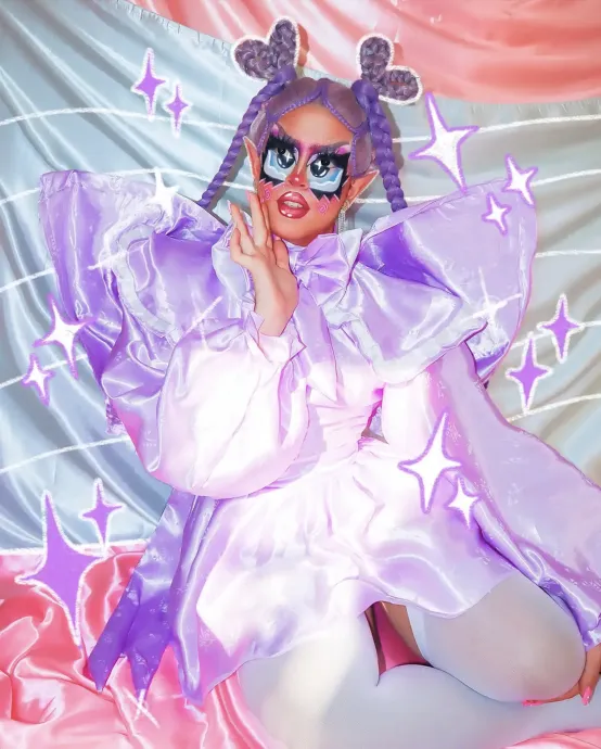 Photoshoot of drag persona Mocha in an outfit sewn by Marco