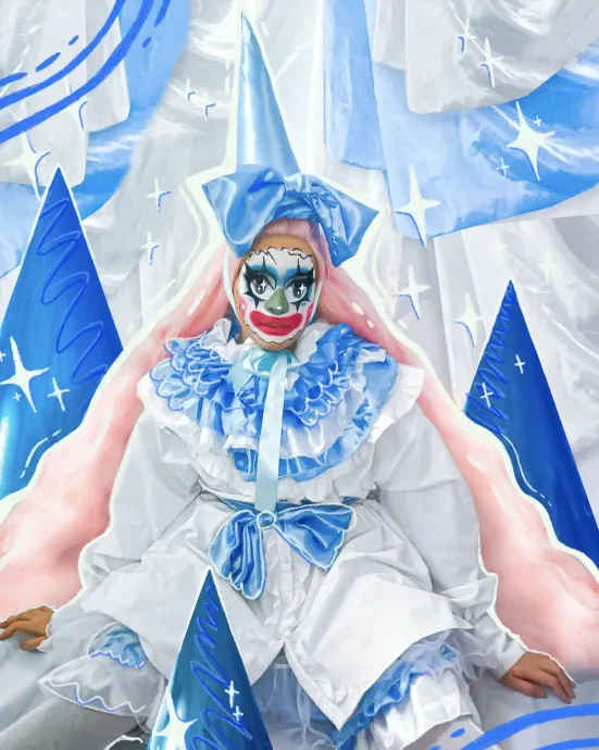 Clown Mocha – Photoshoot of drag persona Mocha in an outfit sewn by Marco.