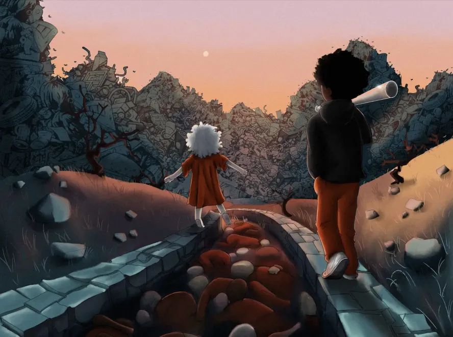 young boy and girl walking down a road towards a rubbish dump