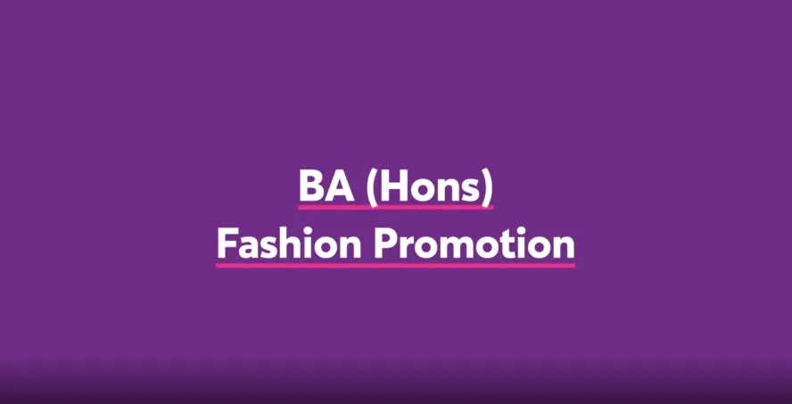 BA (Hons) Fashion Promotion white text with purple background