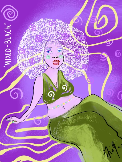Illustrated figure wearing green outfit against purple background with swirls