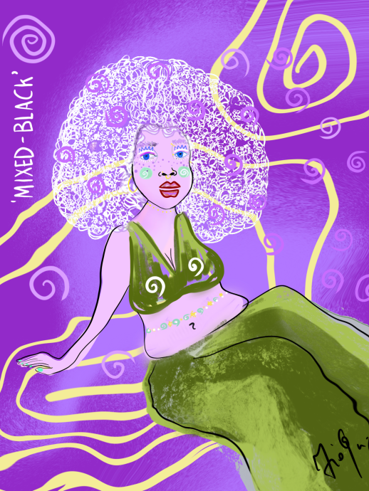 Illustrated figure wearing green outfit against purple background with swirls
