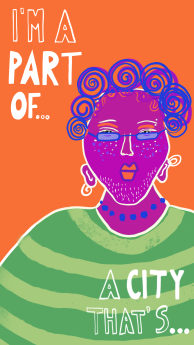 Illustrated purple female figure wearing green jumper against orange background with words reading I'M A PART OF A CITY THAT'S