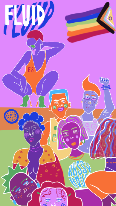 Illustration figures are shown campaigning with the words FLUID