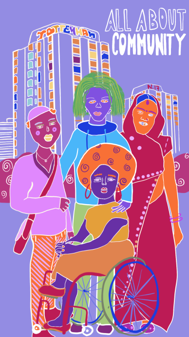 Illustrated female figures including female in a wheelchair against a purple background with the words ALL ABOUT COMMUNITY