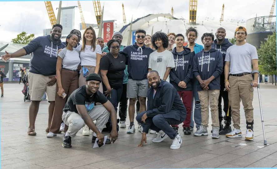 US and Ravensbourne students pose together on Greenwich Peninsula, London