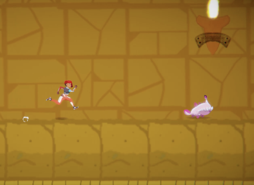 Animated woman running after a pink monster