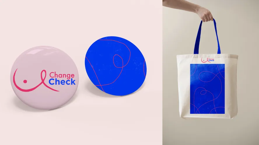 Change & Check logo on badges and tote bag