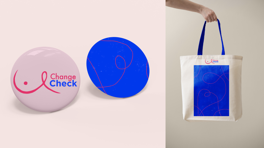 Change & Check logo on badges and tote bag