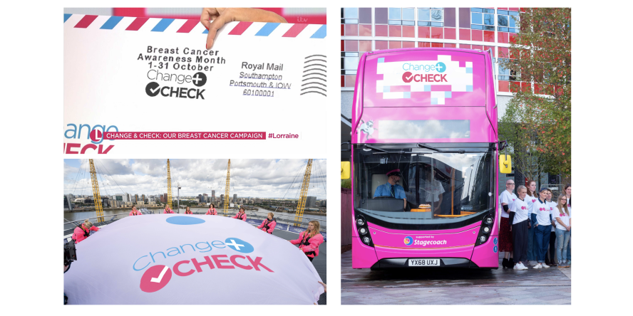 Change & Check branding on letterhead, projected on 02 and on the front of pink double decker bus