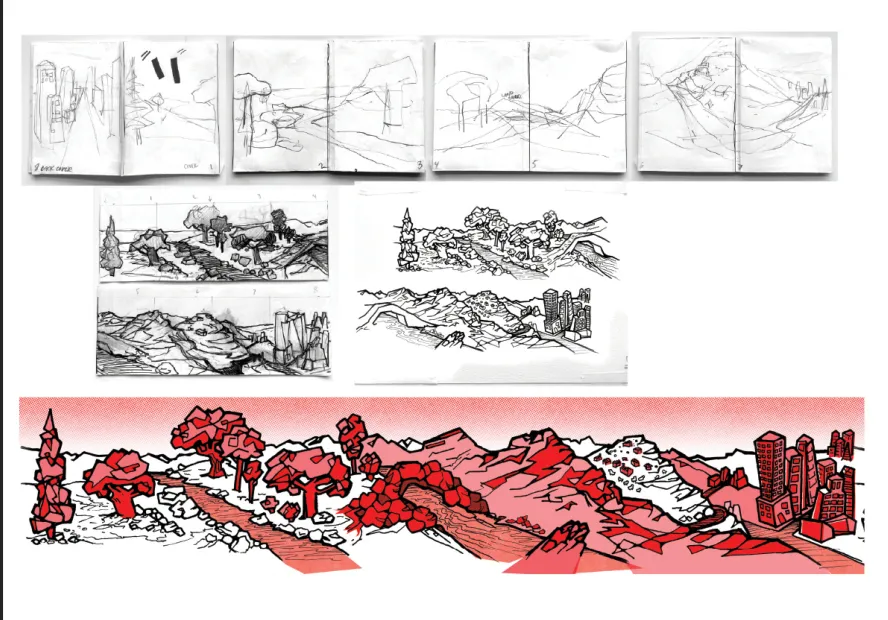 Sketches of a landscape with mountains and trees.