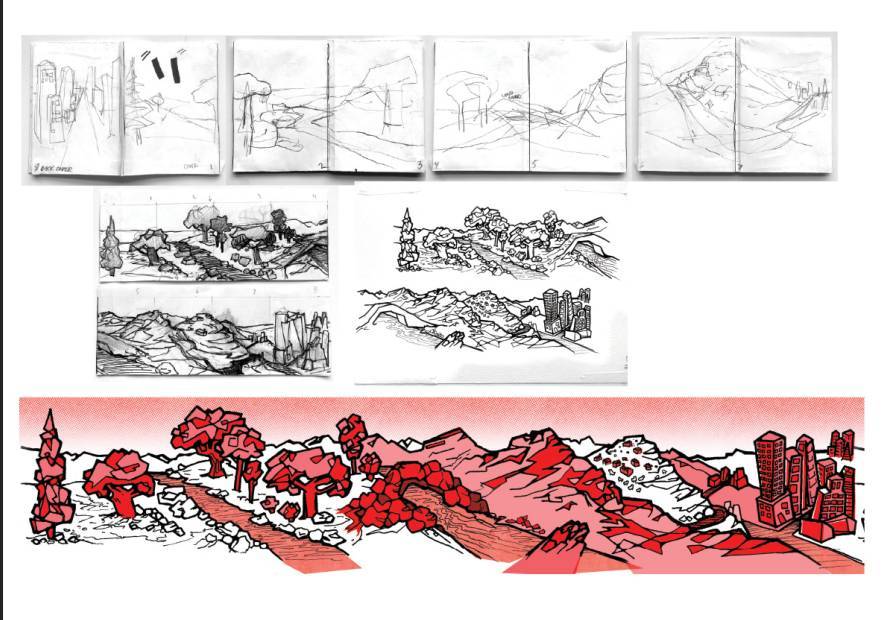 Sketches of a landscape with mountains and trees.