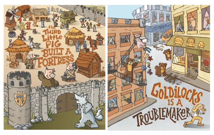 Children's story book covers. titled, "The third little pig built a fortress" and "Goldilocks is a troublemaker".