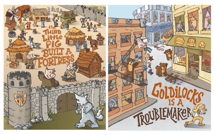 Children's story book covers. titled, "The third little pig built a fortress" and "Goldilocks is a troublemaker".