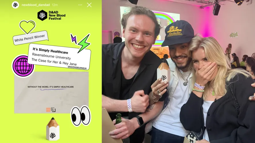 Three students look surprised and happy while holding a white pencil-shaped trophy