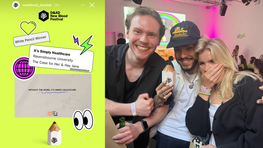 Three students look surprised and happy while holding a white pencil-shaped trophy