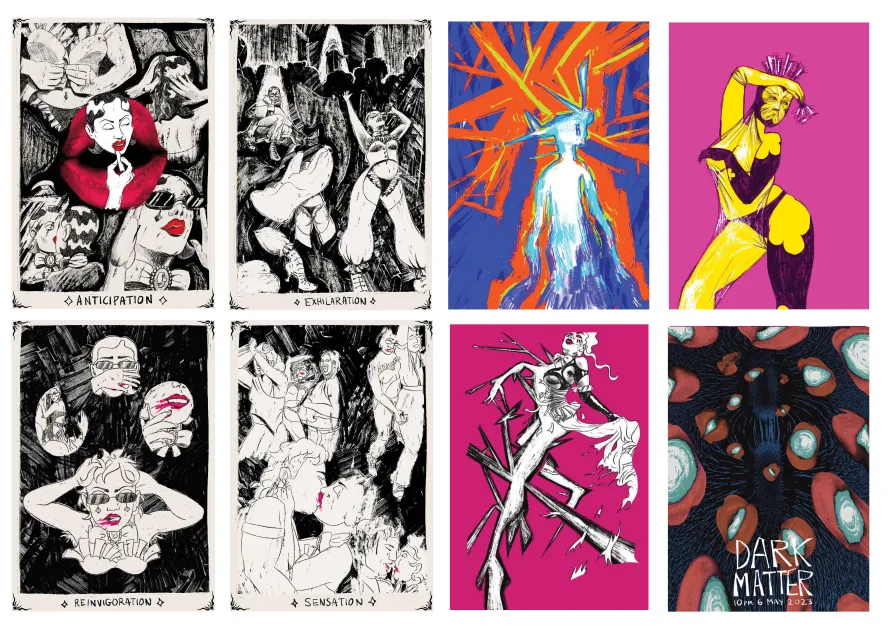 A collection of sketches, figures posing and putting on lipstick.