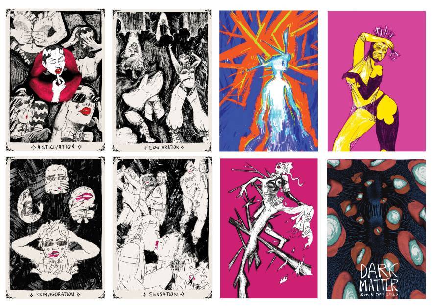 A collection of sketches, figures posing and putting on lipstick.