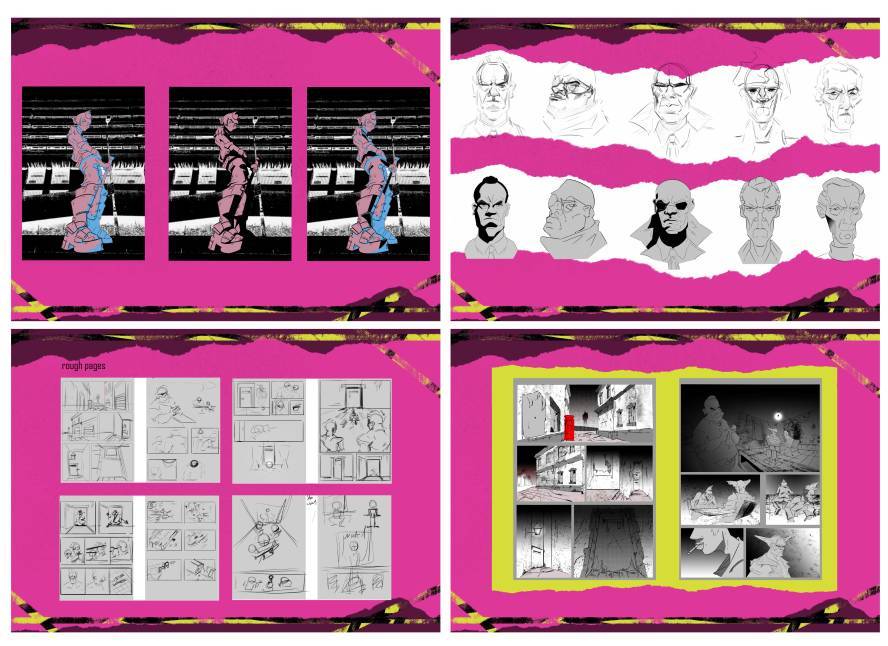 Sketches of characters and pages from a graphic novel.