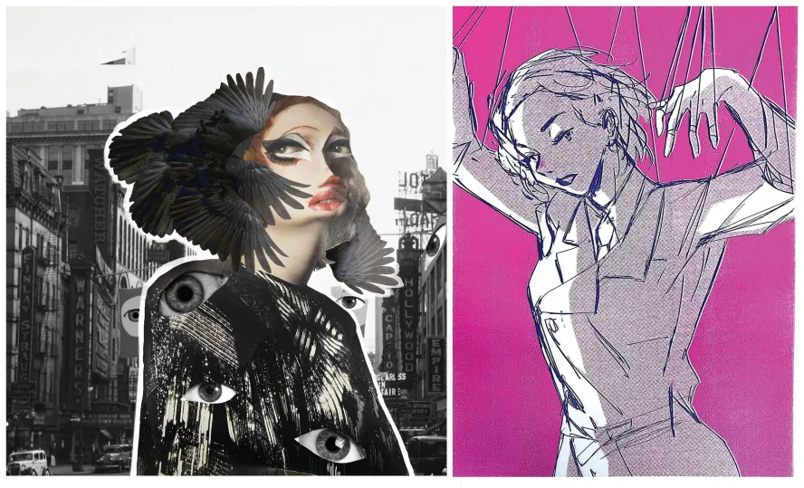 Digital sketch and photomontage of a female figure. The photomontage has black bird wings and feathers for her hair with eyes in her clothes and the digital art is a lady held up by puppet strings.