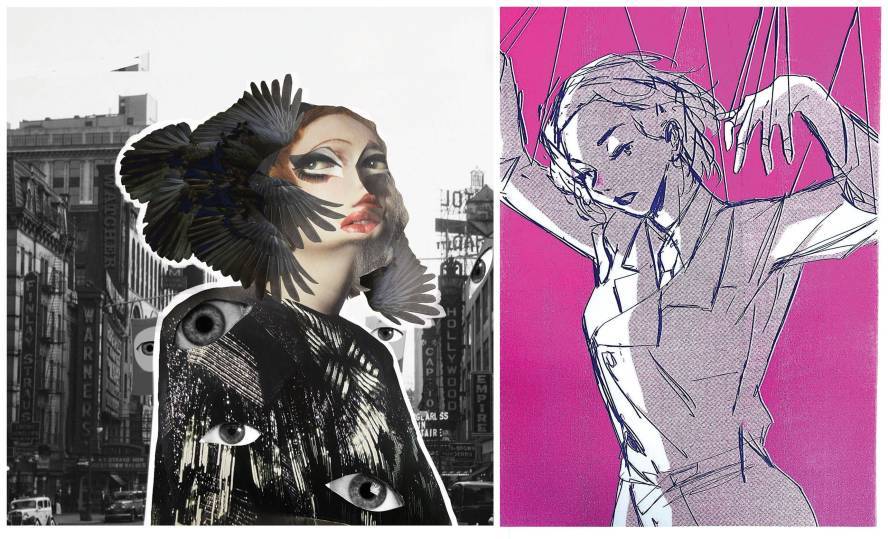 Digital sketch and photomontage of a female figure. The photomontage has black bird wings and feathers for her hair with eyes in her clothes and the digital art is a lady held up by puppet strings.