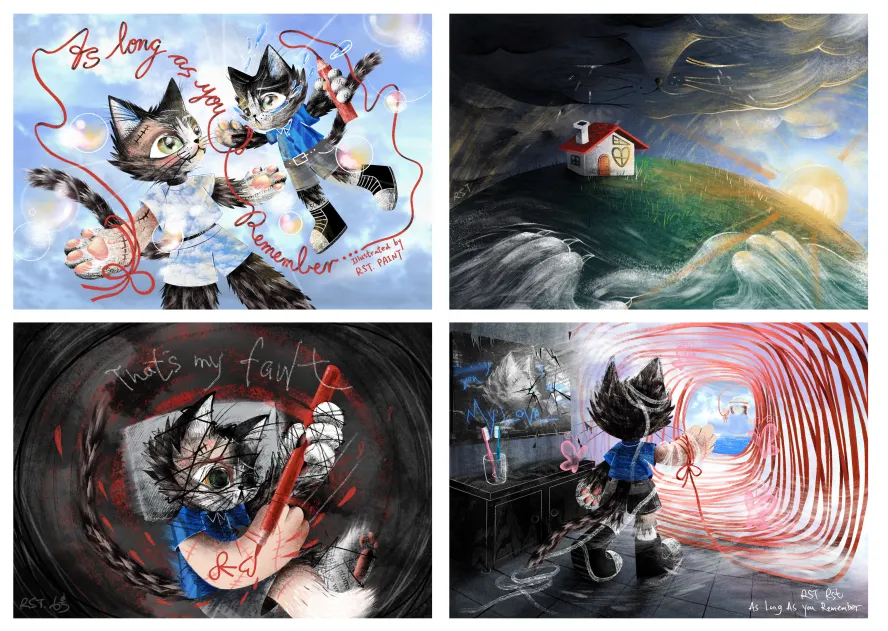 Drawings of fluff cats, clouds and stormy skies and winding string. 