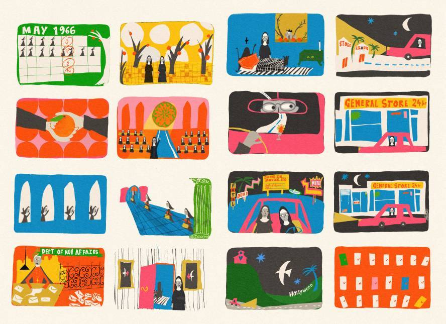 16 colourful illustrations of nuns, churches, hills and driving in California.