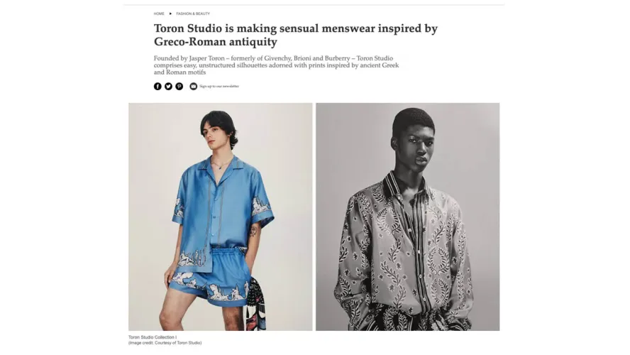Wallpaper article cover, Toron Studios is making sensual menswear inspired by Greco-Roman antiquity. Founded by Jasper Toron – formerly of Givenchy, Brioni and Burberry – Toron Studio comprises easy, unstructured silhouettes adorned with prints inspired by ancient Greek and Roman motifs. 
