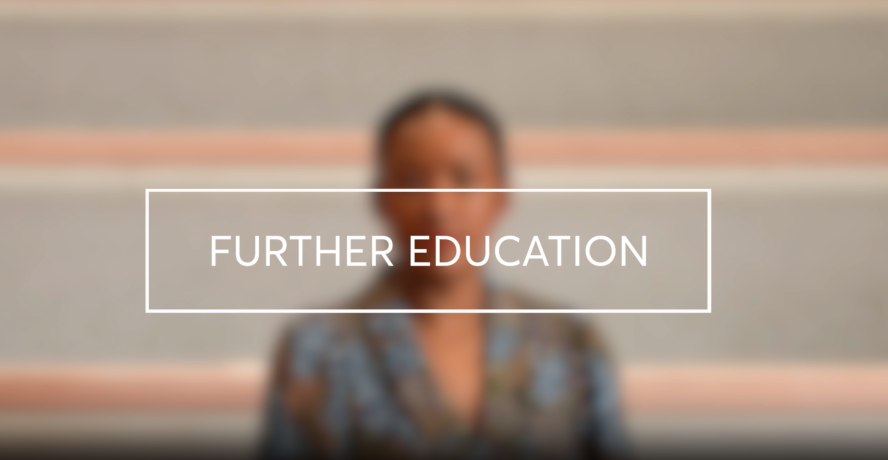 Blurred image of a woman with white writing reading 'further education' in forefront of imge