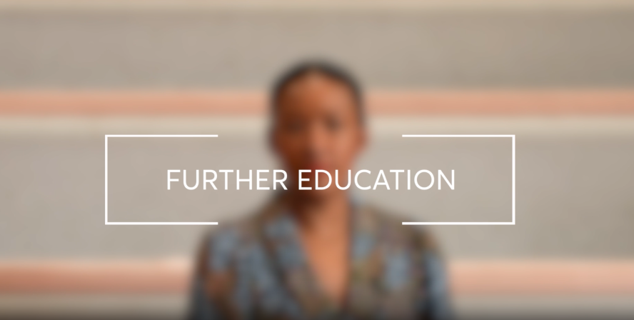 Blurred image of a woman with white writing reading 'further education' in forefront of imge