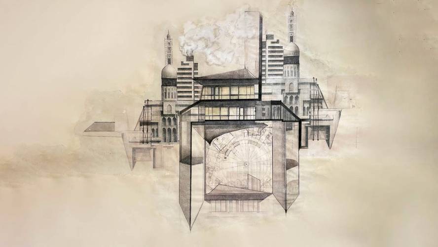 Architectural drawing with beige background