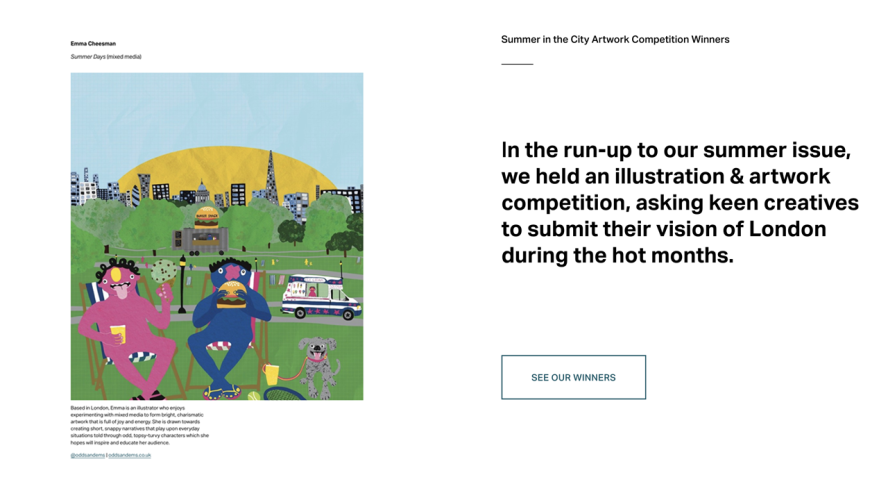 Article cover. Emma Cheesman’s Shortlisted Artwork 'Summer Days' to the left of the Article. Two colourful figures in the forefront are eating and drinking. The London Skyline features in the background.