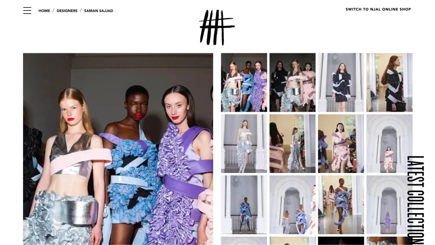 Article cover. Models wearing Sajjads' collection. Blue silver and purple ruffles, off the shoulder dresses.