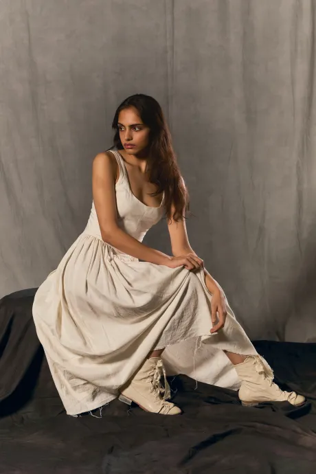 Portrait of woman in a white dress by MA student at Ravensbourne University