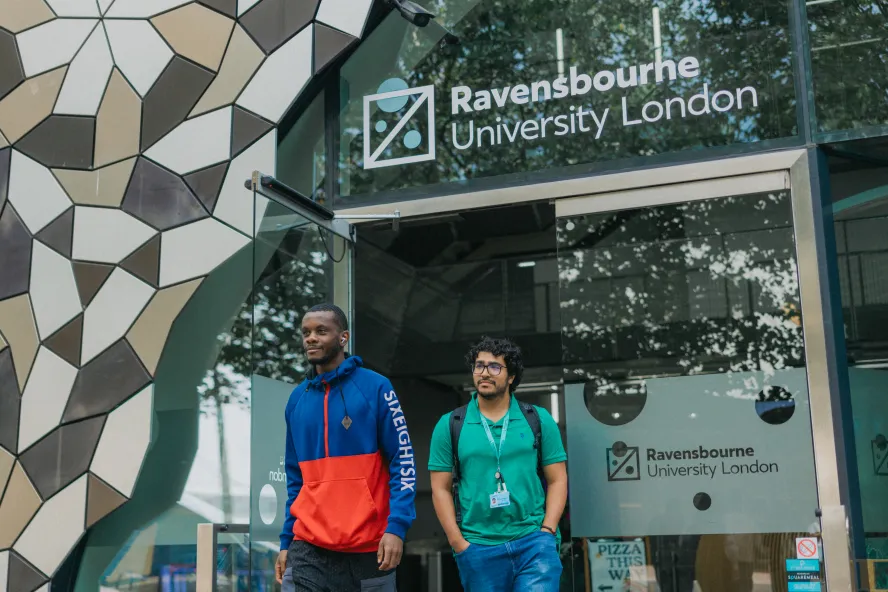 Ravensbourne students leaving R1 building entrance
