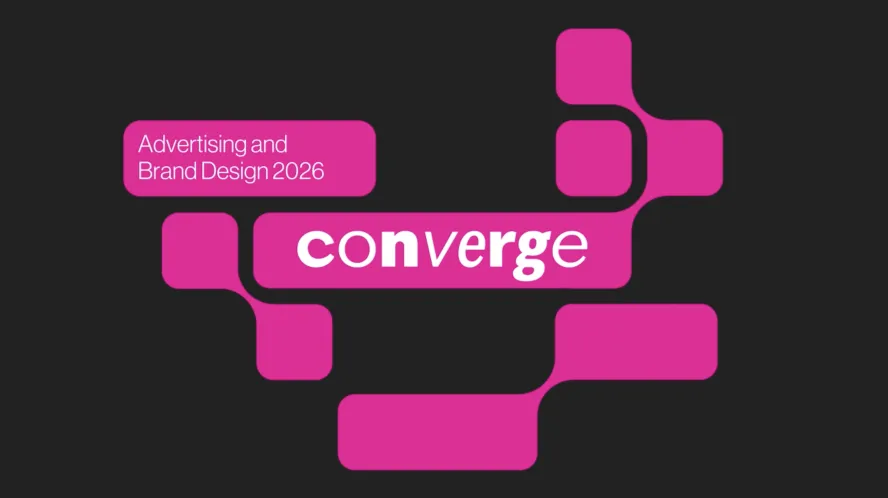 Poster for Ravensbourne's Ad and Brand course showreel for 2026 with Converge title theme