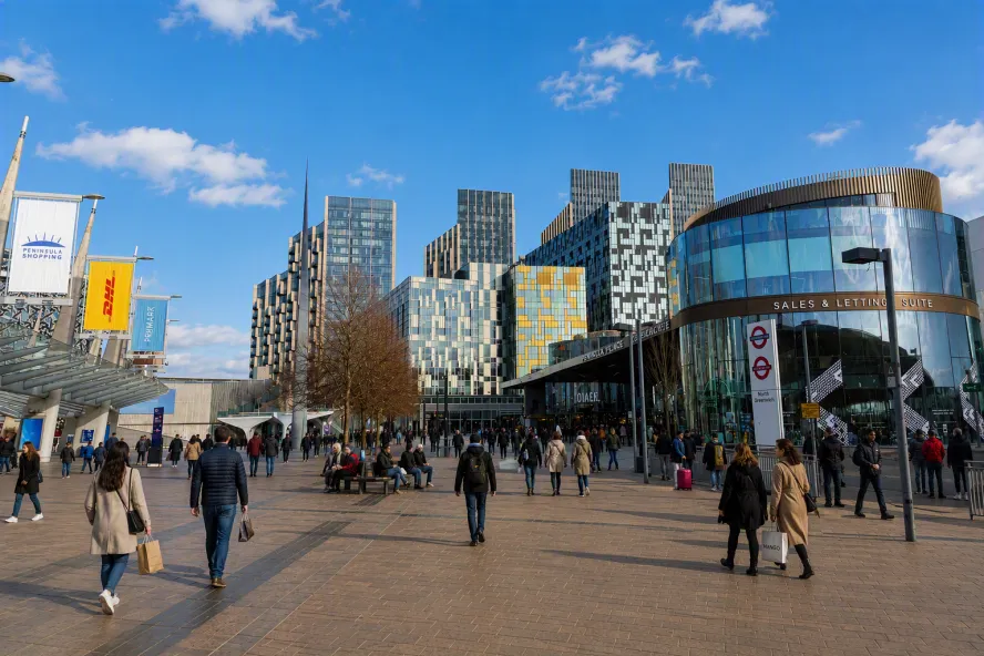 Greenwich peninsula with people walking around