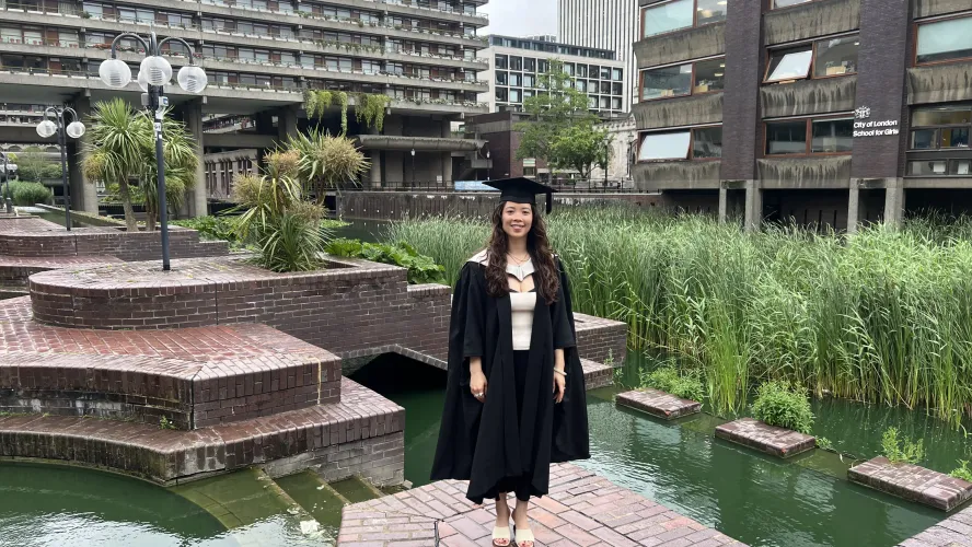 Jo Khoo, Ravensbourne alumni at graduation ceremony in the Barbican Centre