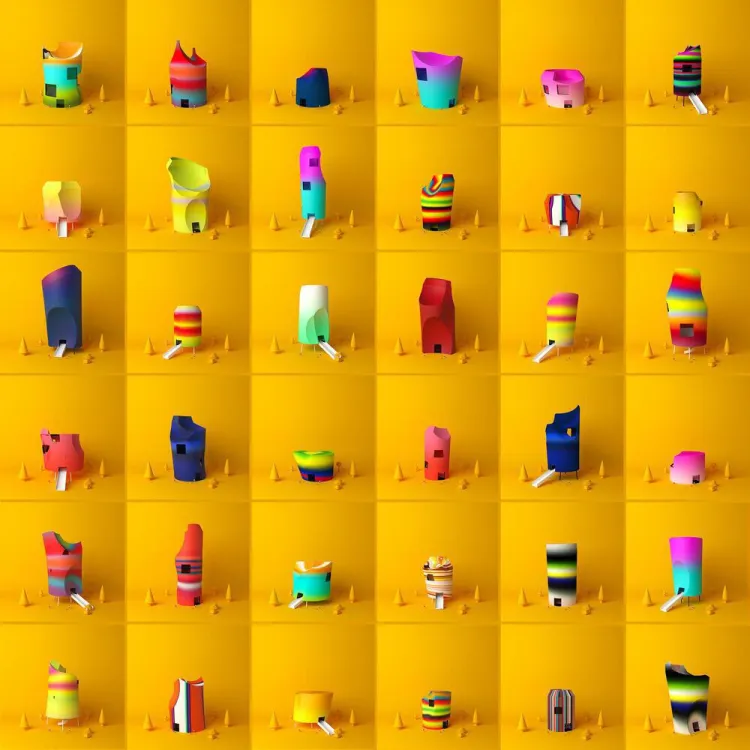 digital sculptures in bright colours on a yellowbackground