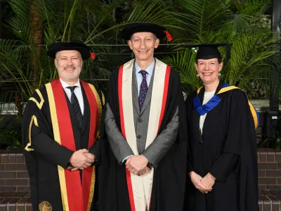 Acting Vice-Chancellor Andy Cook (left), former Chair of the Board of Governors Jonathan Drori CBE (centre), Associate Dean of the Design School, University of the Arts London Amanda Jenkins (right)