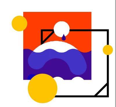 Blue wave in the foreground, on a red background with a white wiggly line.