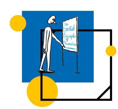 a white figure stands pointing to a whiteboard that has ' fundamentals of animation' written on it.