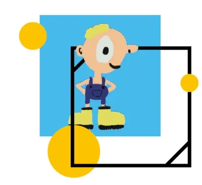 A cartoon character with blonde hair in profile, wearing blue dungarees and large clown like yellow boots on a light blue background