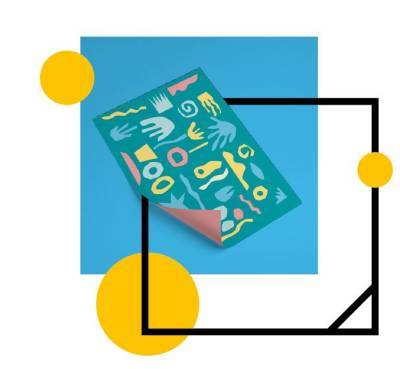 A digitally created collage of wiggly shapes in blues, greens and pinks on a teal background.